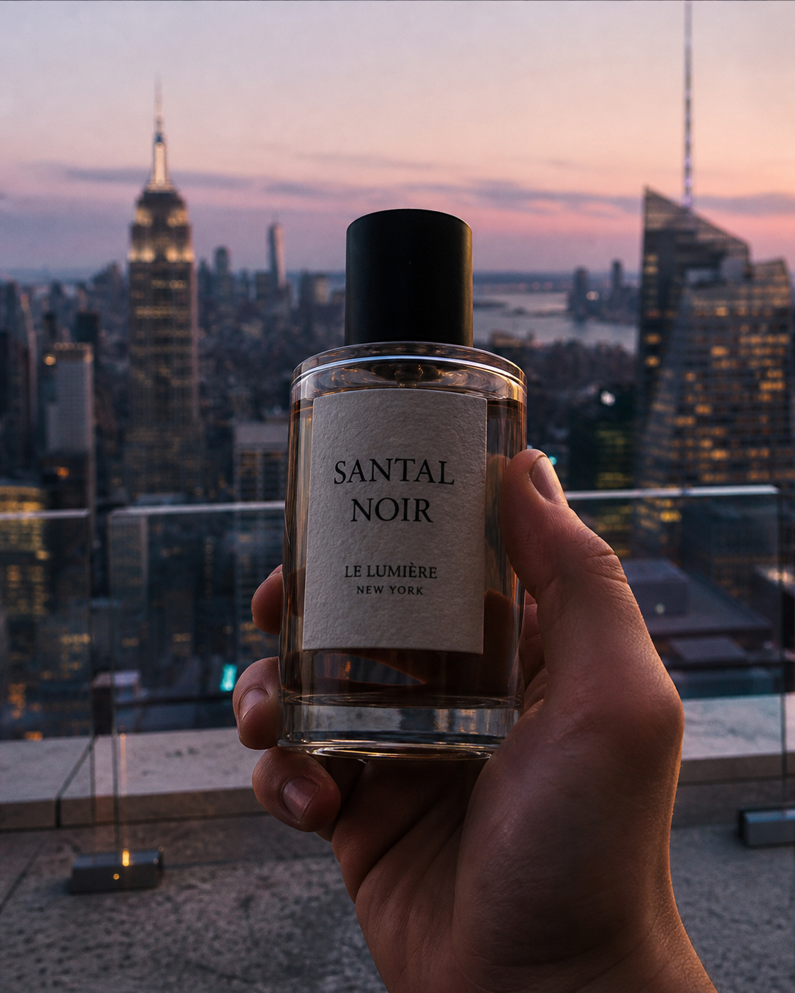 Fragrance ad variation on a city rooftop