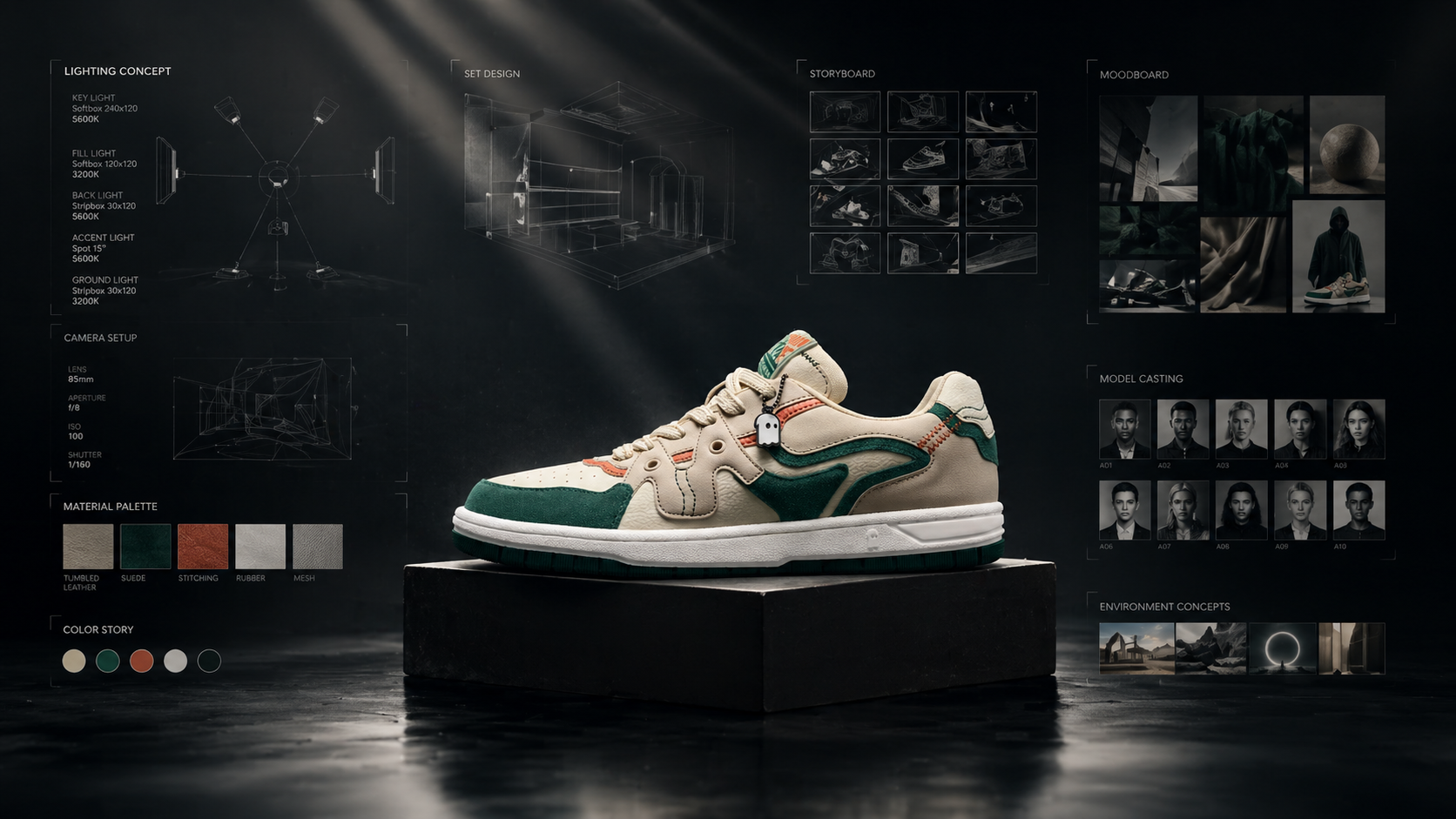 Visual world planning board for a sneaker campaign